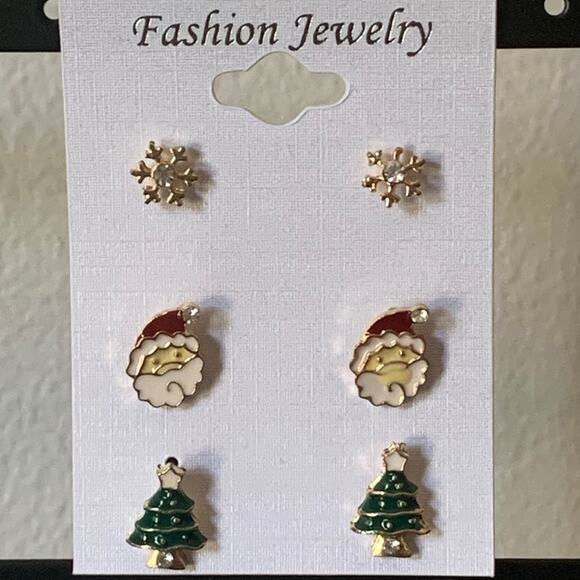 Christmas Stud earrings Set of three - Snowflake, Santa & Christmas Tree New - Picture 1 of 5